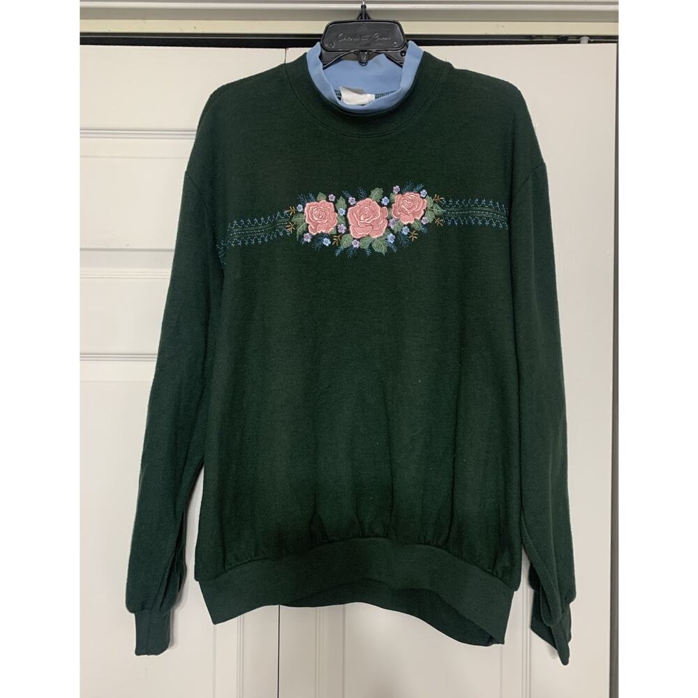 Vintage BonWorth Floral Embroidered Green W Blue Collar Sweater / Sweatshirt XL